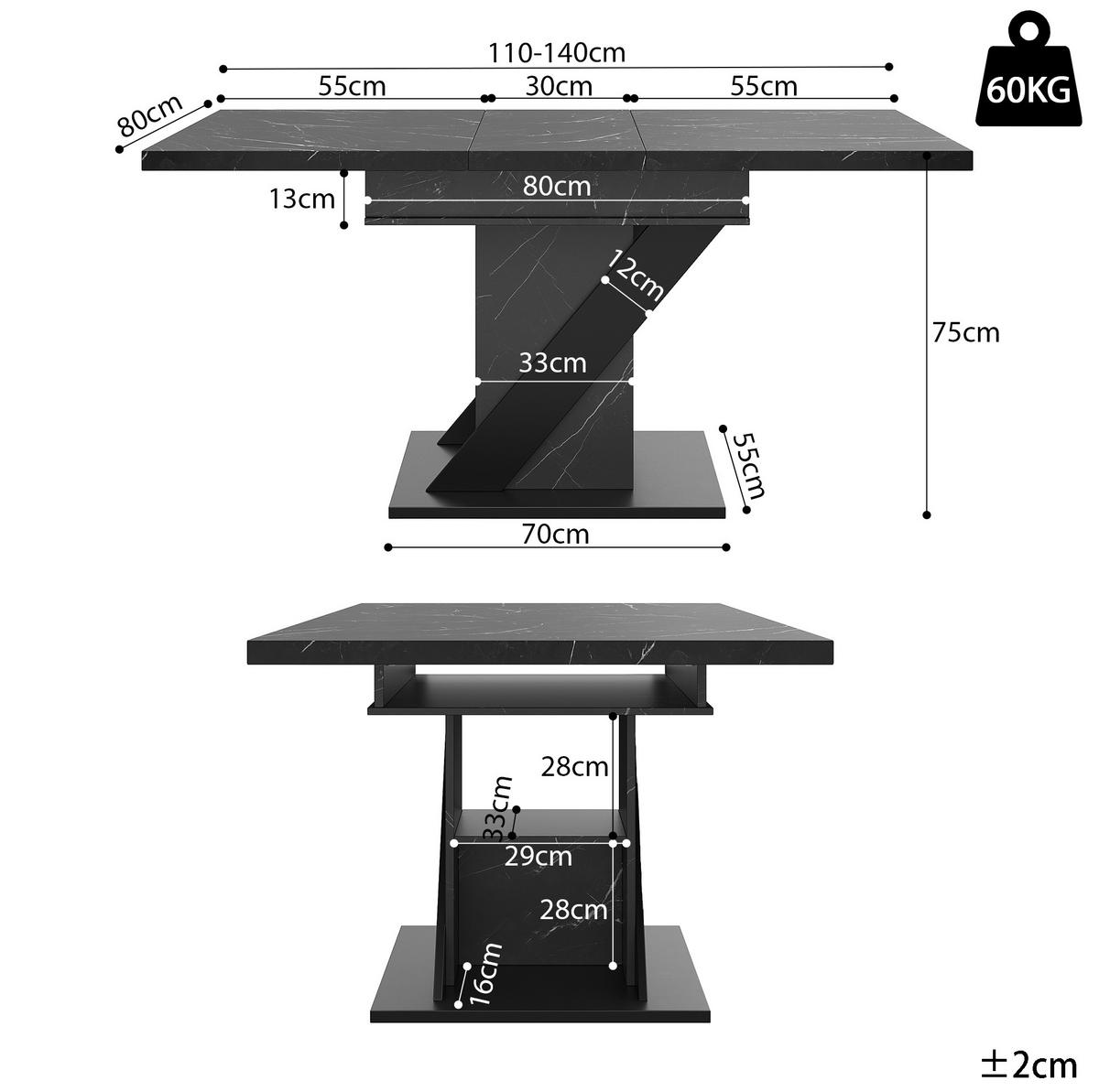 BLAGOVAONSKI stol 110-140/80/75 cm crni od MDF-a na razvlačenje u mramornom izgledu - crna, drvni materijal (110/80/75cm) - OKWISH