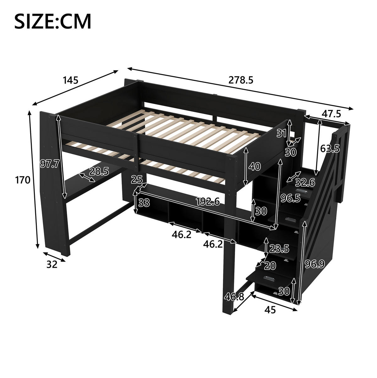 HOCHBETT 140/200 cm, Schwarz mit Schreibtisch und LED-Beleuchtung - Schwarz, Holzwerkstoff (140/200cm) - MIVRAY