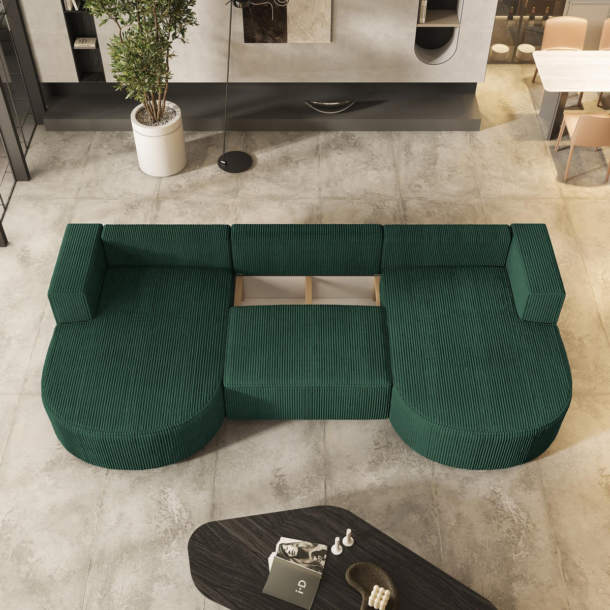 WOHNLANDSCHAFT VEZZO P Grün Kordstoff mit Schlaffunktion - Grün, Holz (347/85/174cm) - MASSENO