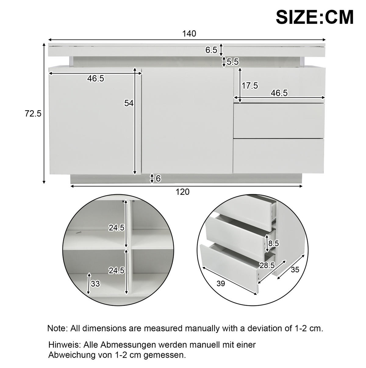 KOMODA z dřevotřísky 140x35x72,5 cm bílá s LED osvětlením, 2 dvířky, 3 zásuvkami a vysokým leskem - bílá, kompozitní dřevo (140/72/38cm) - Modfu