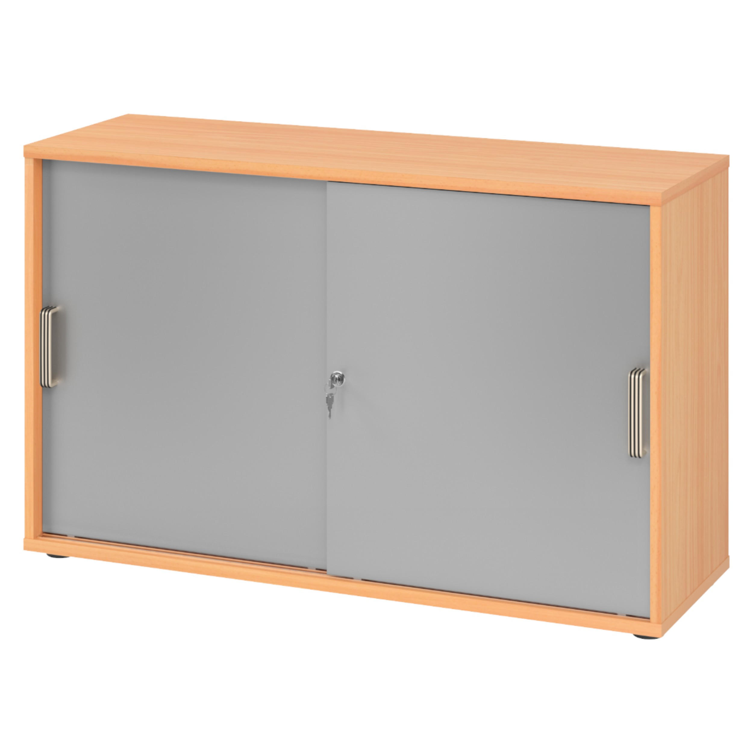 SCHIEBETÜRENSCHRANK - 2 Ordnerhöhen 40/120/74,8 cm in Buchefarben/Silberfarben Streifengriff (Kunststoff) - Buchefarben/Silberfarben, Holzwerkstoff (120/74.8/40cm) - bümö