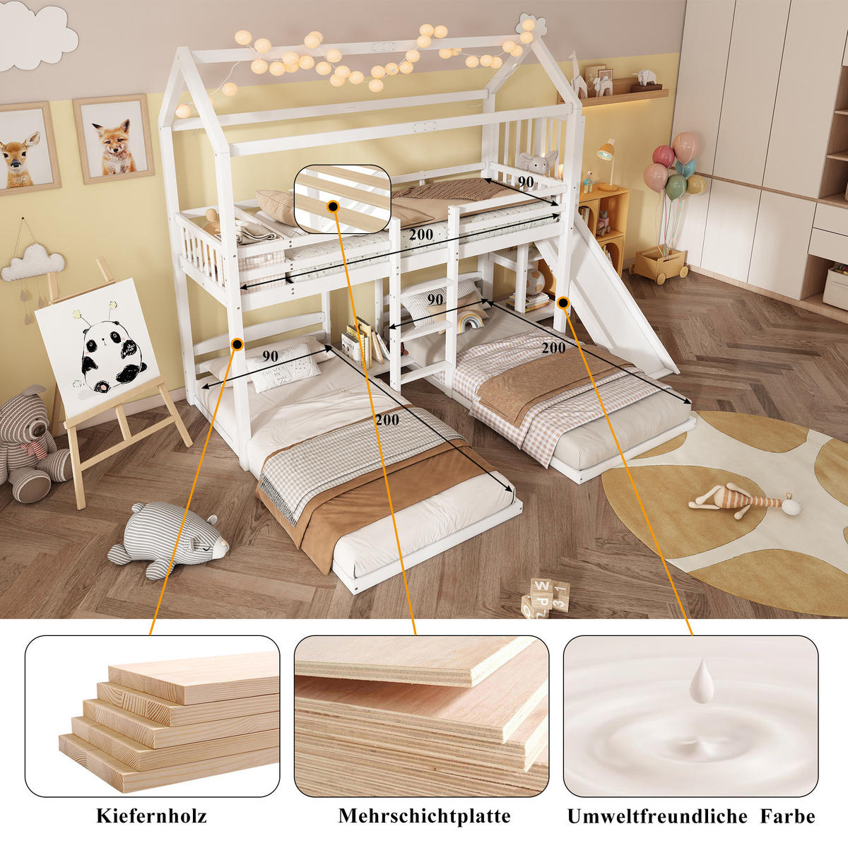 ETAGENBETT 90x200 cm 3 Ebenen Rutsche Dach - Weiß, Holz (90/200cm) - LEBENLANG