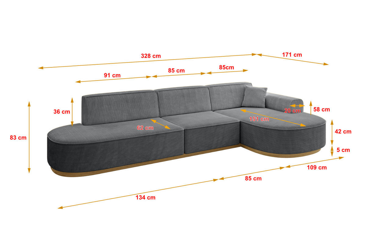 ECKSOFA Ottomane Rechts MARI-L2-v2 - 328x171x83 cm Dunkelgrau Cord - Dunkelgrau, Holzwerkstoff/Textil (171/328cm) - ALTDECOR