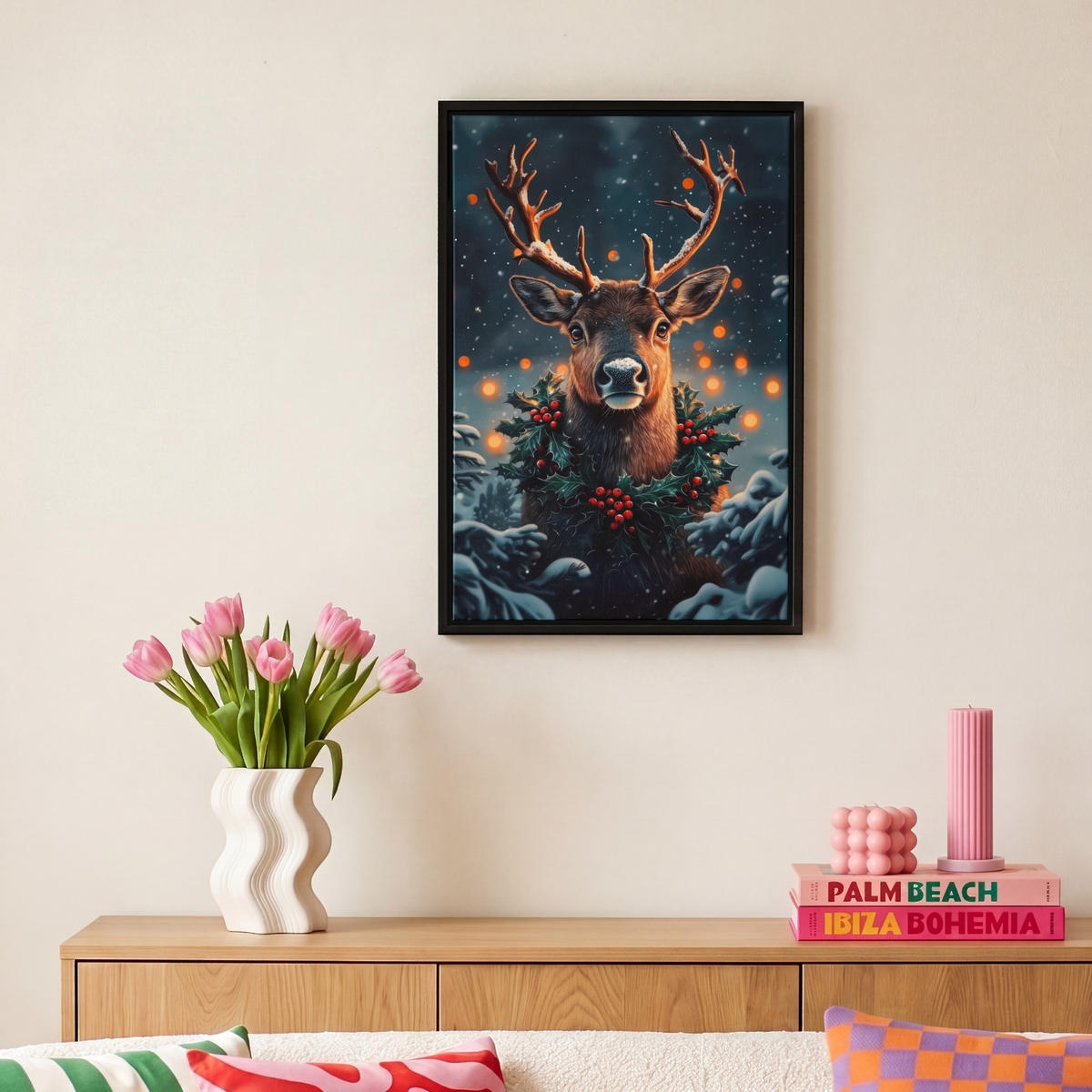 LEINWAND Bilder mit Rahmen - Hirsch - Weihnachten - Winter - Schnee - Weihnachtskranz - 20x30 - Dunkelbraun, Textil (20/30cm) - MuchoWow