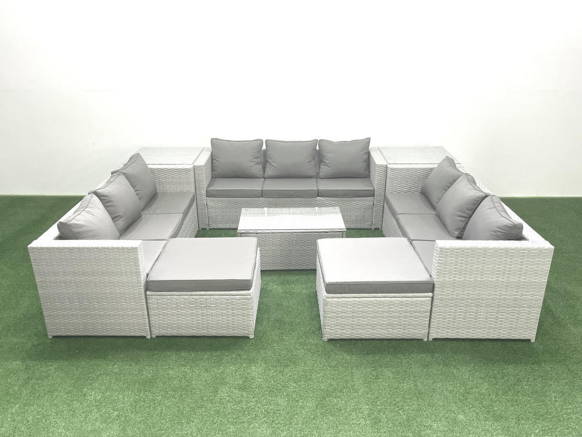 GARTENSET mit 3-SITZER SOFA,COUCHTISCH Polyrattan Hellgrau-Mix 11-Sitzer - Hellgrau/Grau, Glas/Kunststoff - Fimous