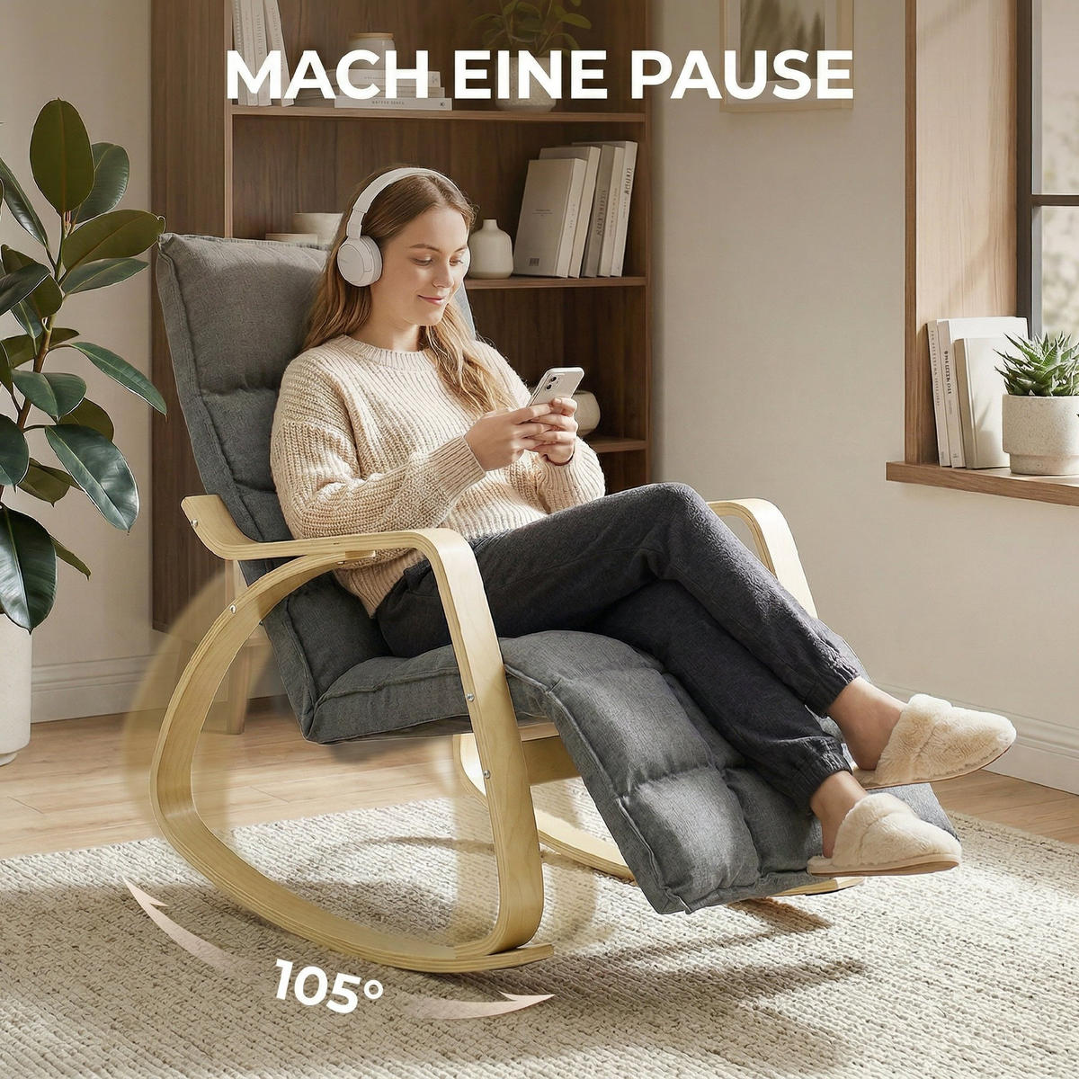 SCHAUKELSTUHL DE-07596 mit verstellbarer Fußstütze Grau - Grau, Textil (67/92/106cm) - ComfortXL
