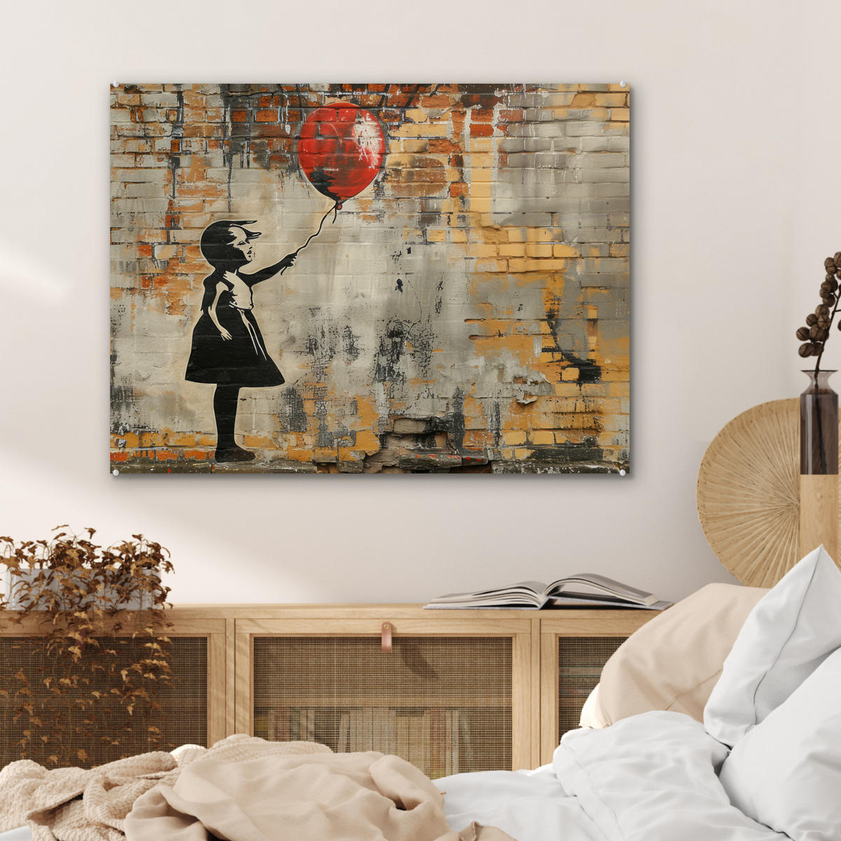 ACRYLGLASBILD Graffiti - Banksy - Mädchen - Straßenkunst 80x60 cm - Sandfarben, Glas (80/60cm) - MuchoWow