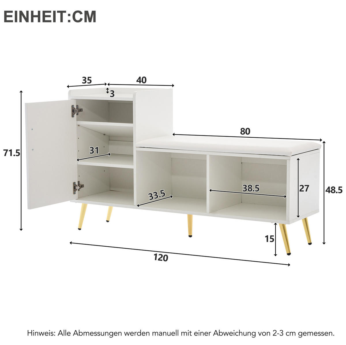 SCHUHSCHRANK aus Spanplatte 120x35x71.5cm in Weiß mit Sitzbank - Weiß, Holzwerkstoff (120/71.5/35cm) - Modfu