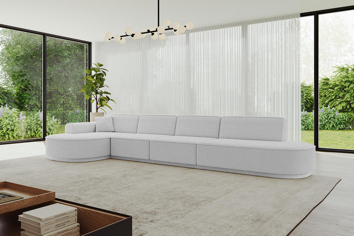 ECKSOFA Ottomane Links MARI-L3-v3 - 402x163x81 cm Hellgrau Bouclé - Hellgrau/Schwarz, Holzwerkstoff/Kunststoff (402/163cm) - ALTDECOR