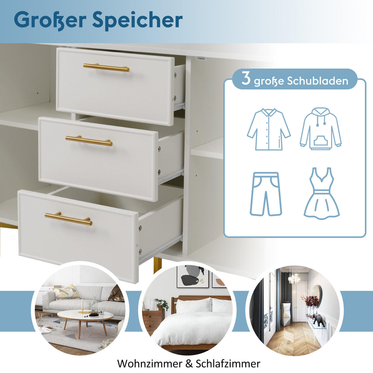 KOMMODE 120/40/75 cm aus Spanplatte mit geriffelten Fronten und verstellbarem Einlegeboden Weiß - Weiß, Holzwerkstoff (120/40/75cm) - Modenvie