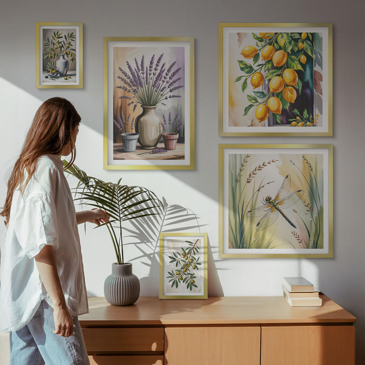BILDER SET 5er Set - 50x50 cm & 20x30 cm & 40x60 cm Goldrahmen - Lavendelblüten und Architektur - Goldfarben, Kunststoff (40/60cm) - TULUP