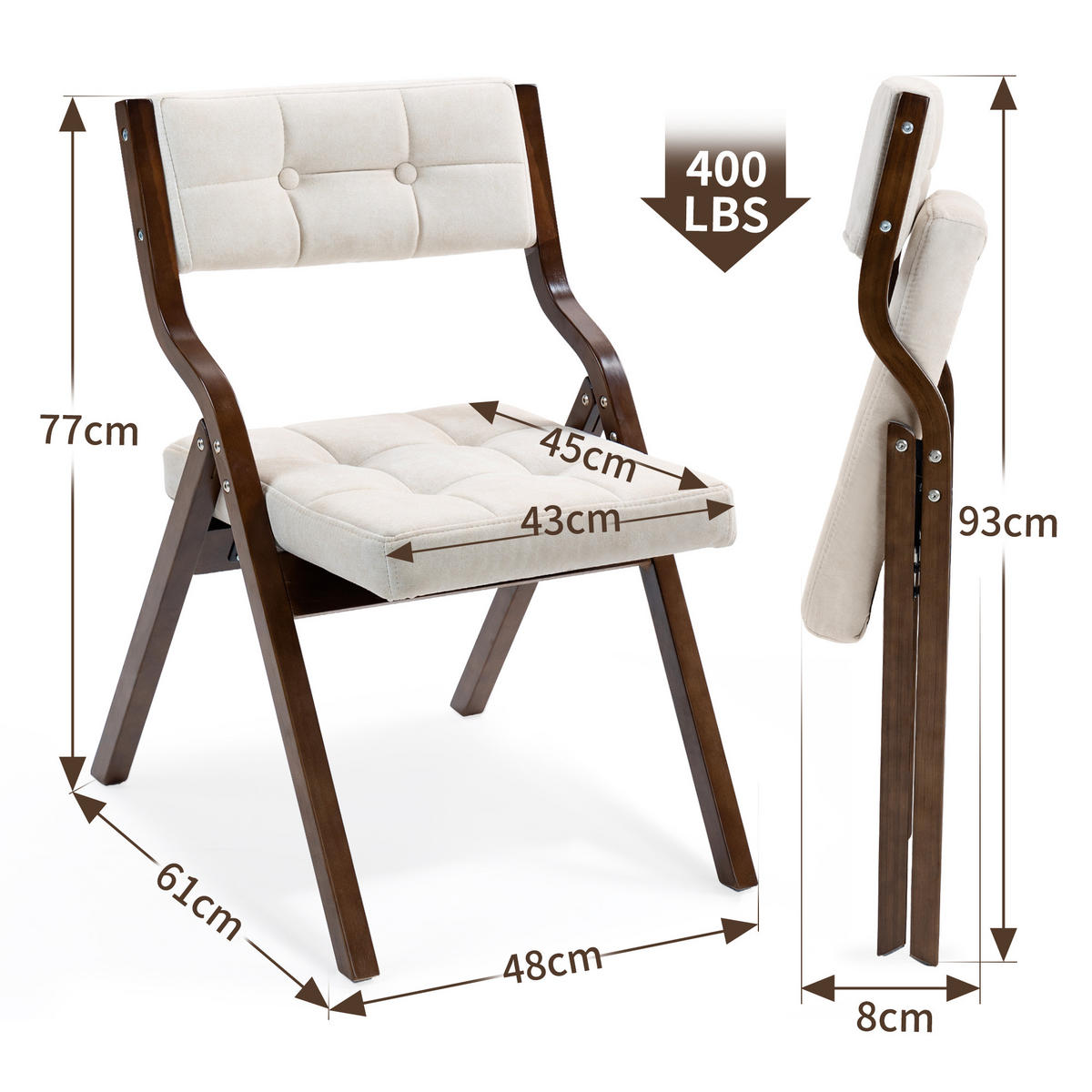 KLAPPSTUHL DE-36263 2er-Set mit gepolstertem Sitz Creme - Creme, Holz (48/77/61cm) - ComfortXL