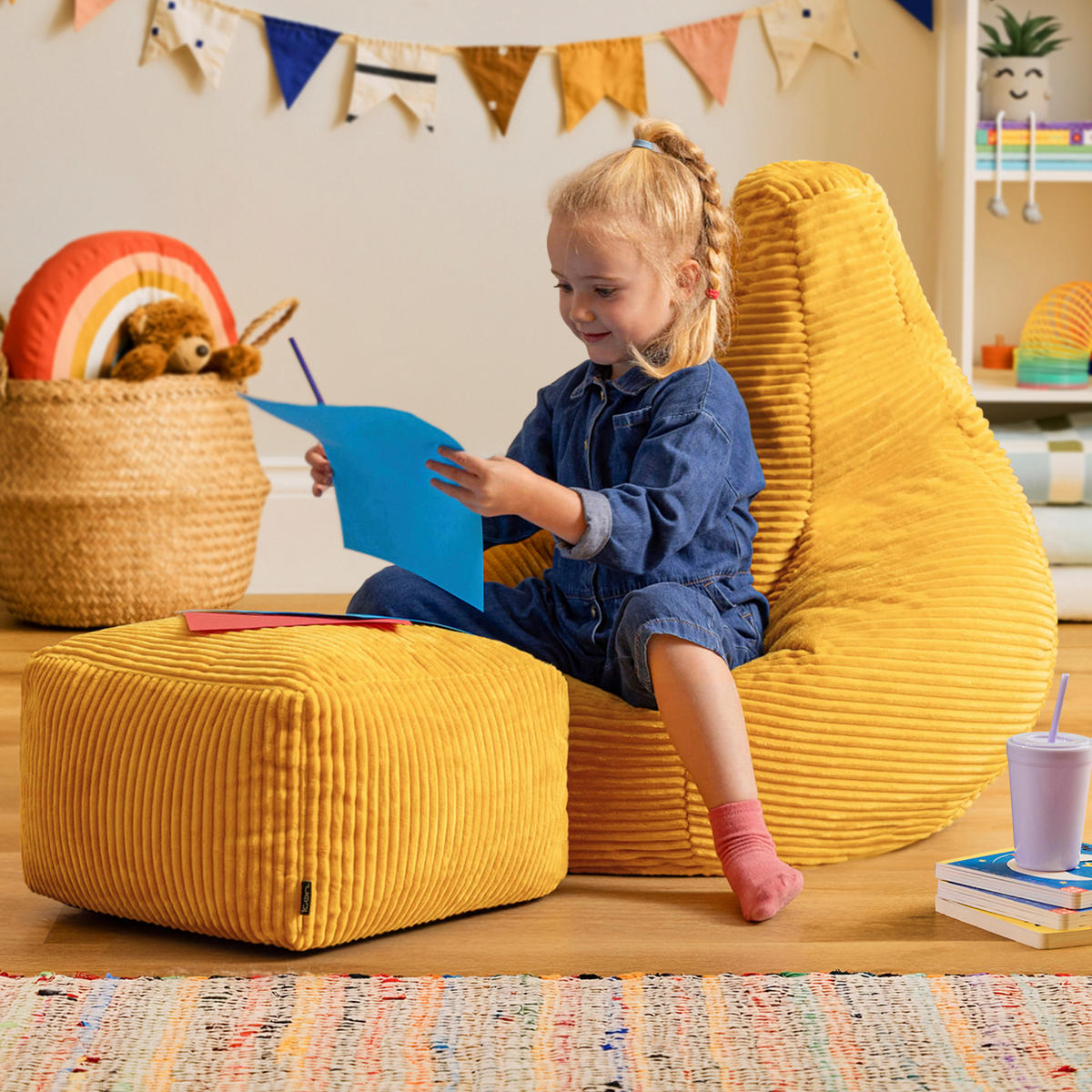 KINDERSITZSACK mit Hocker Dalton Cord - Gelb, Textil (69/59/65cm) - icon