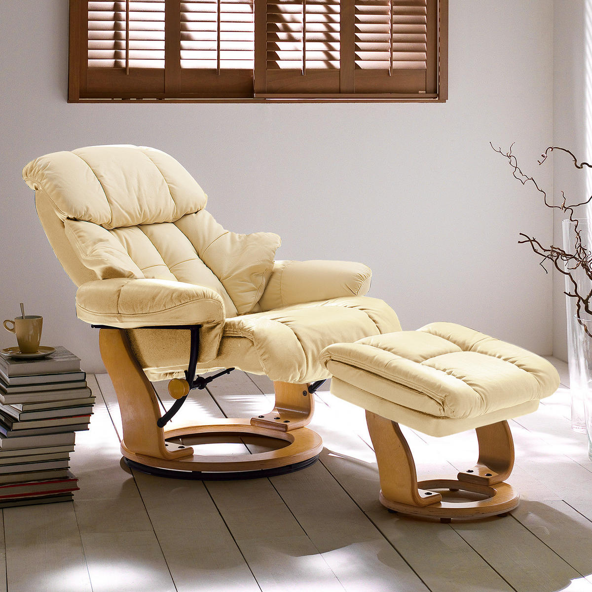 RELAXSESSEL - 2-teilig - Holzwerkstoff / Echtleder / Kunstleder - Creme, Leder/Birkenholz (90/104/91cm) - home24