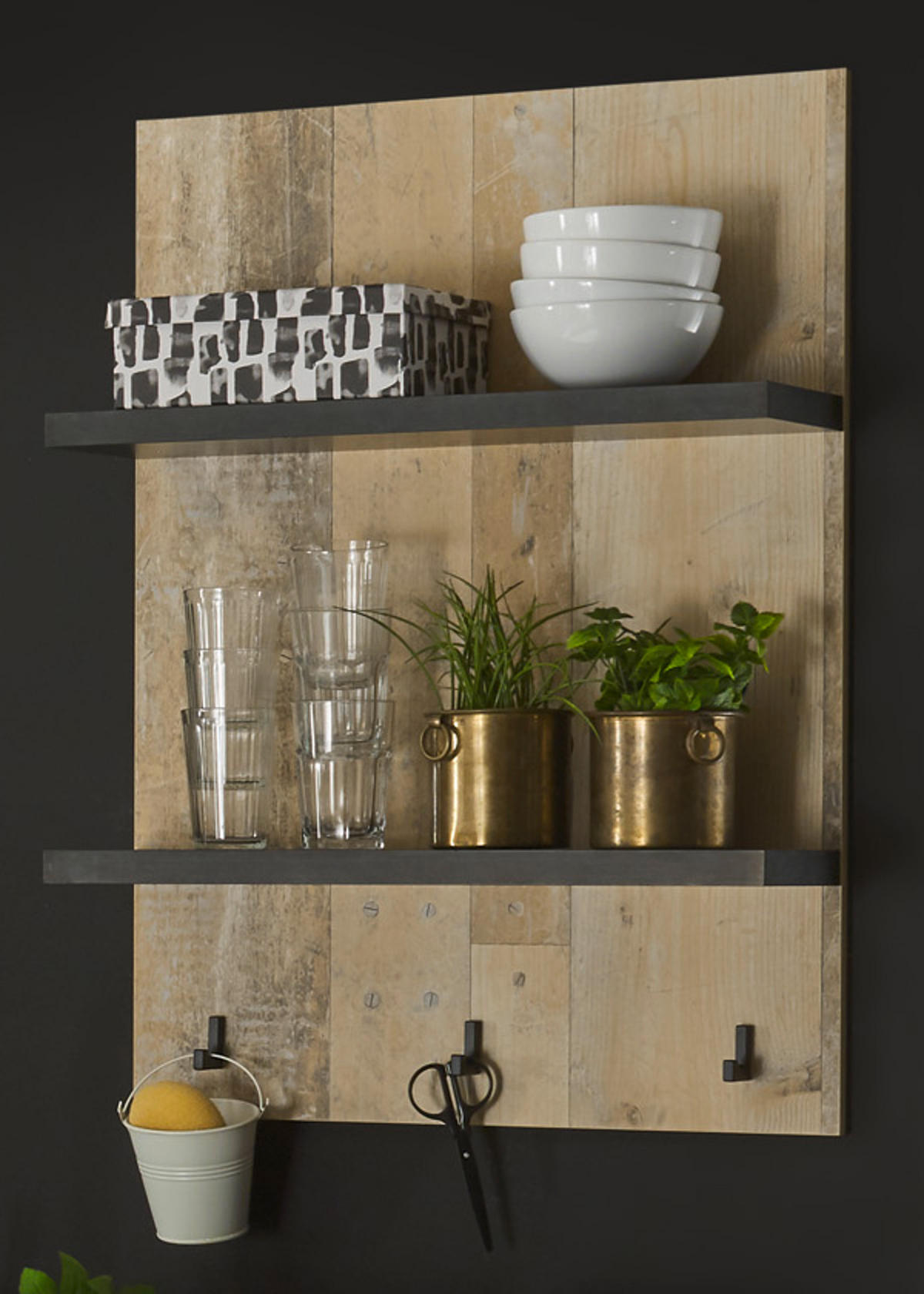 KÜCHENREGAL Used Wood Vintage 60 cm, Gewürzregal mit Ablagen und Haken - Anthrazit/Naturfarben, Holzwerkstoff (60/84/21cm) - Furn.Design