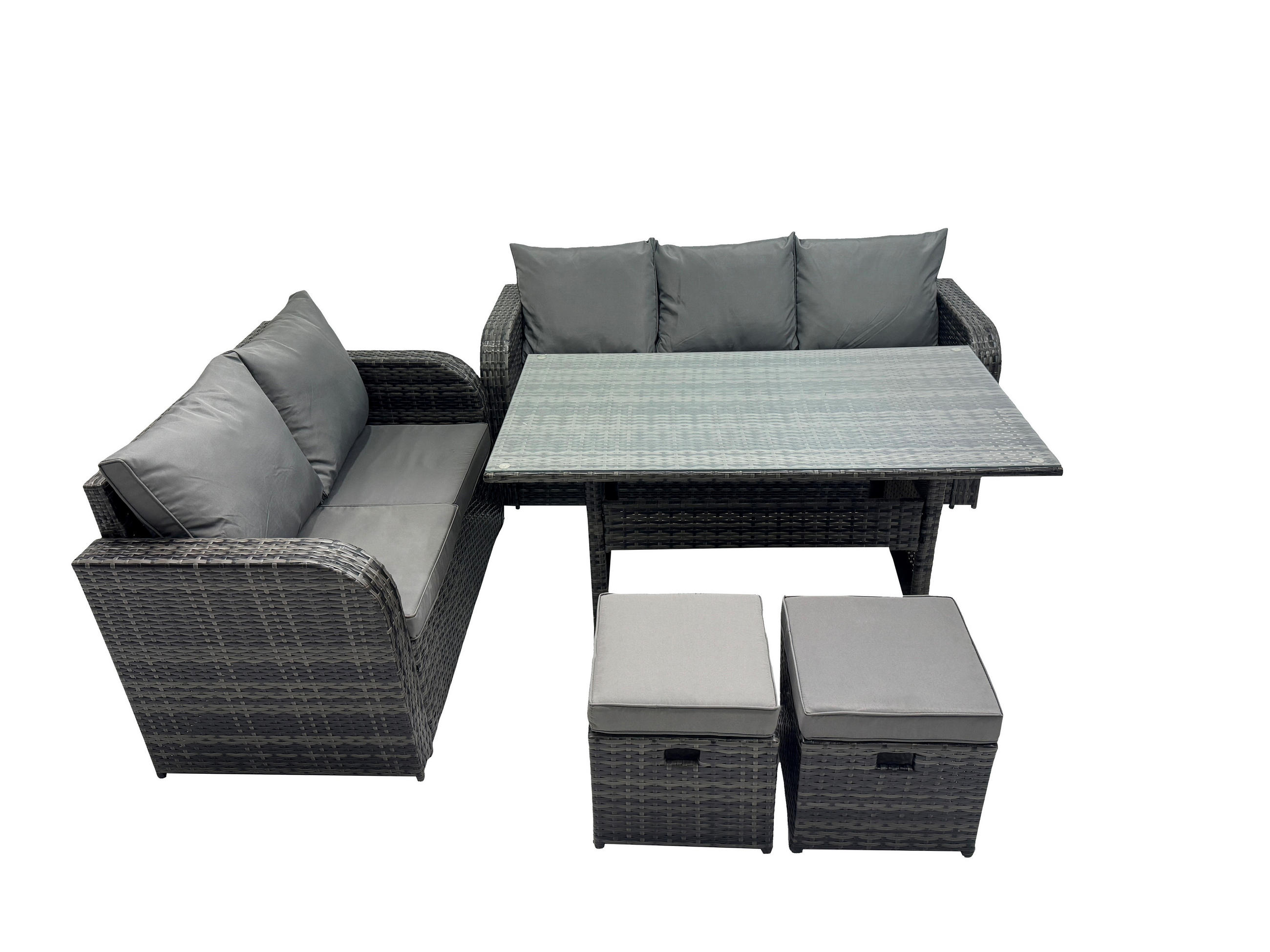 GARTENMÖBELSET mit Esstisch,Zweisitzer,Hocker Polyrattan Dunkelgrau 7-Sitzer - Dunkelgrau/Grau, Glas/Kunststoff - Fimous