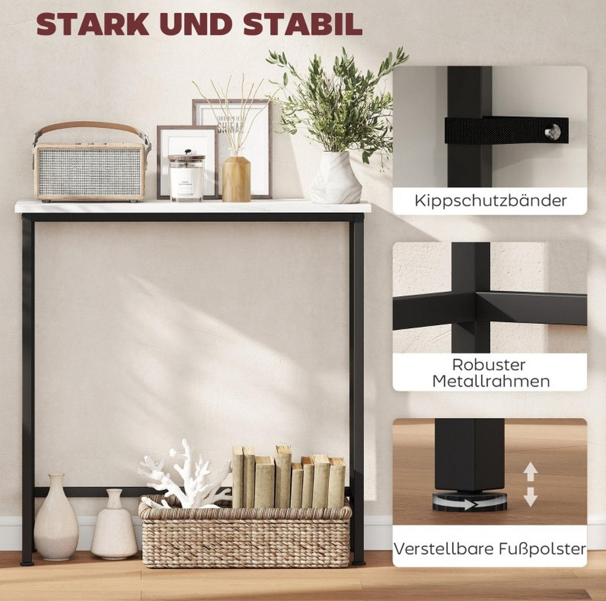 KONSOLENTISCH aus Holz und Metall 75x24x76 cm Schwarz mit Marmoroptik und Kippschutz - Schwarz, Holz (75/24/76cm) - IVMEU