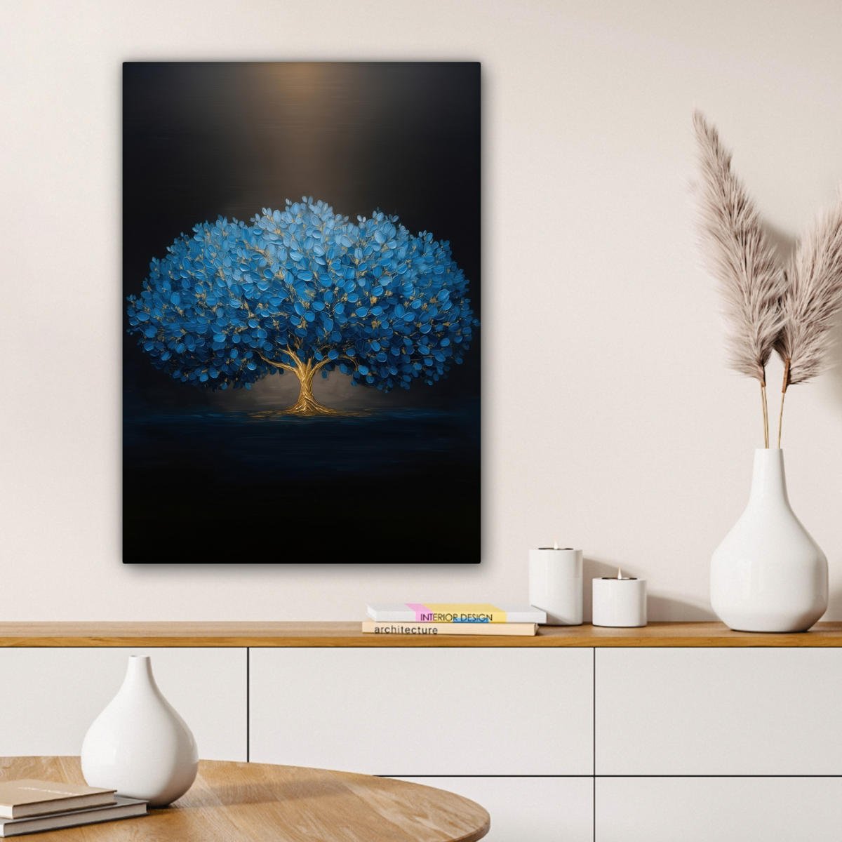 LEINWANDBILD Baum - Blau - Blätter - Pinselstriche Wandbild Wohnzimmer 60x80 cm - Blau, Textil (60/80cm) - MuchoWow