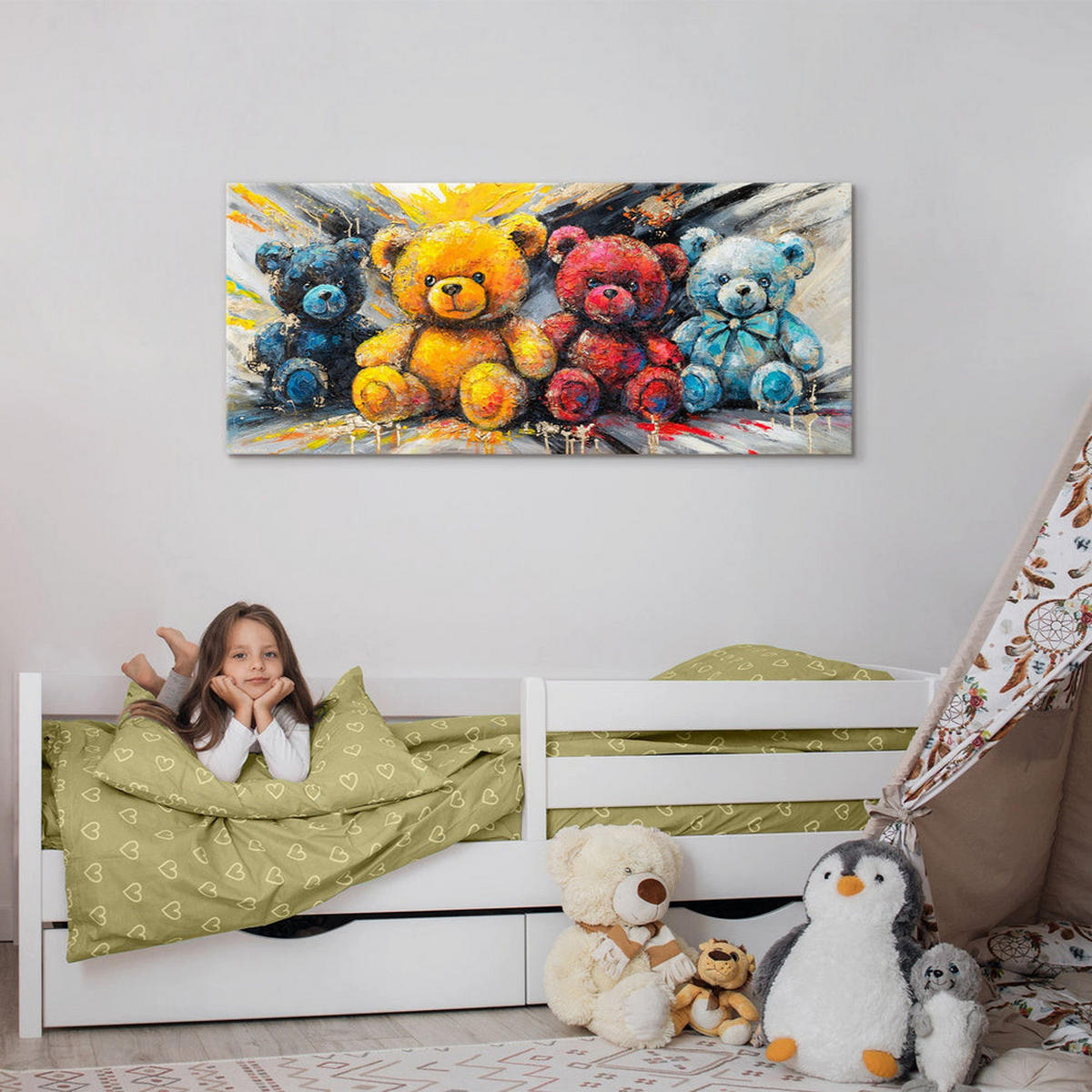 GEMÄLDE Leuchtende Bären auf Keilrahmen 115x50 cm - Multicolor, Holz (115/50cm) - YS-art gallery