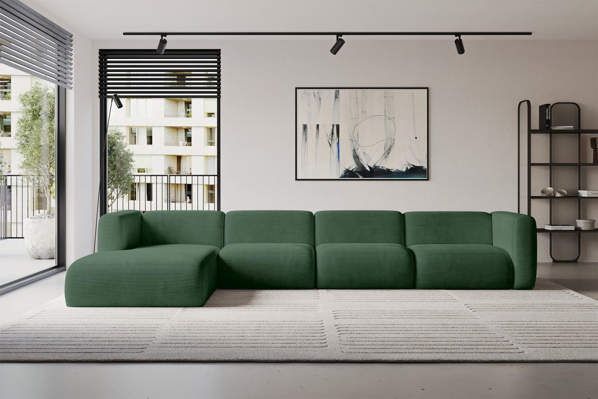 ECKSOFA Ottomane Links MIRA-L3 409x179x70 Grün Cord - Salbeigrün/Schwarz, Holzwerkstoff/Kunststoff (409/179cm) - ALTDECOR