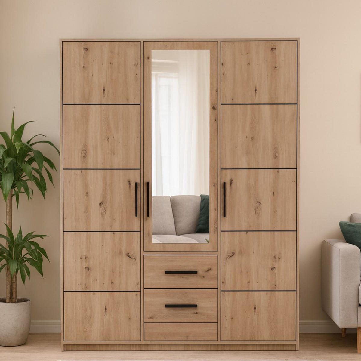 DREHTÜRENSCHRANK Kavo mit Spiegel und 3 Türen, eiche Sonoma - Schwarz/Sonoma Eiche, Holzwerkstoff (150/200/58cm) - Beautysofa