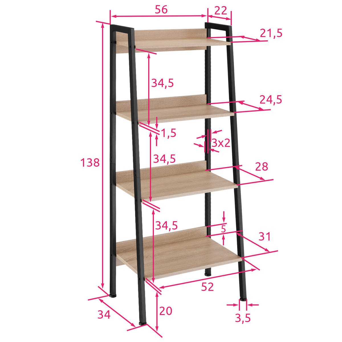LEITERREGAL Chatham,inklusive Kippschutz, 57,5 x 34 x 138 cm,Industrial Holz hell, Eiche Sonoma - Naturfarben, Holzwerkstoff (34/138/57.5cm) - tectake