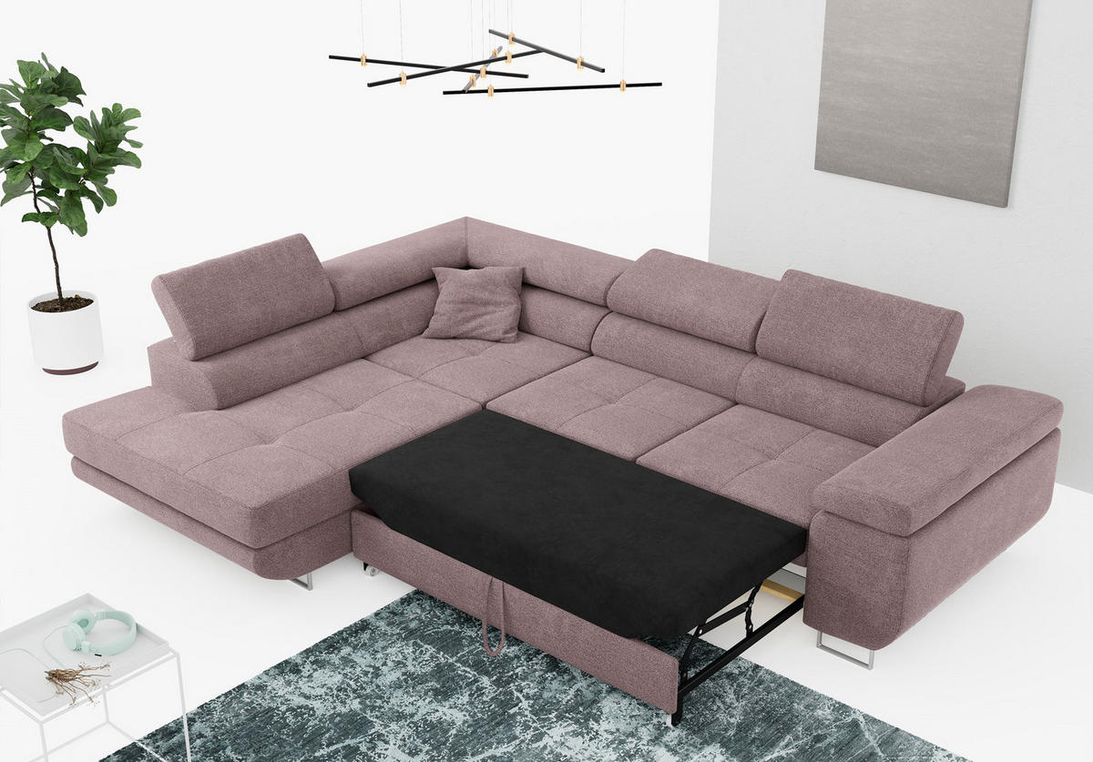 ROHOVÁ SEDAČKA GUSTAW L - Světle růžová Strukturovaná látka - Pravá Strana - stříbrná/světle růžová, kov/textil (205/275cm) - MKS