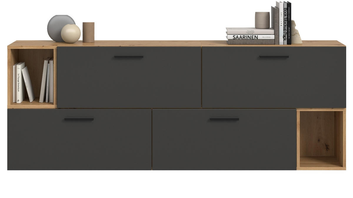 SIDEBOARD grau, Eiche Artisan 176 cm, Kommode hängend / stehend - Schwarz/Eiche Artisan, Holzwerkstoff/Kunststoff (176/65/34cm) - Inn.Furn