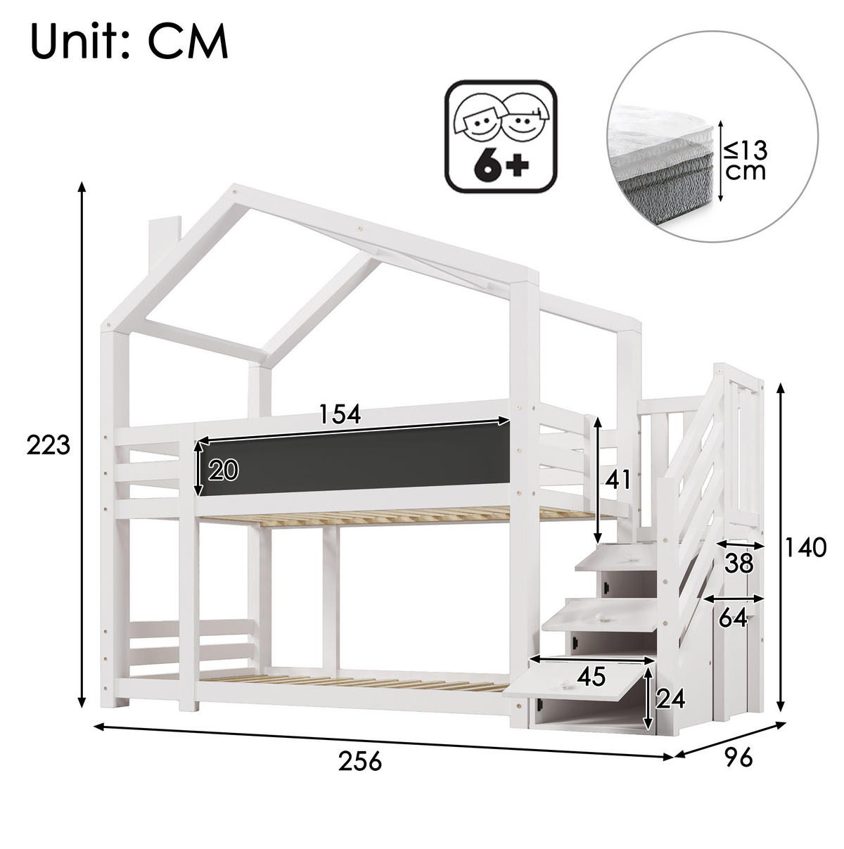ETAGENBETT aus Kiefer-Massivholz und MDF 90x200 cm Weiß mit Stauraumtreppe und Tafel - Weiß, Holzwerkstoff (90/200cm) - IVMEU