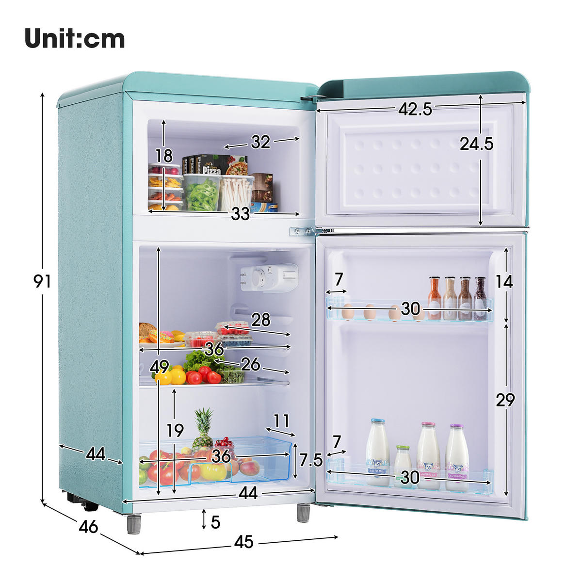KÜHLSCHRANK 46/45/91 cm Cyan 72L mit LED-Licht - Türkis, Metall (45/91/46cm) - Oxeza