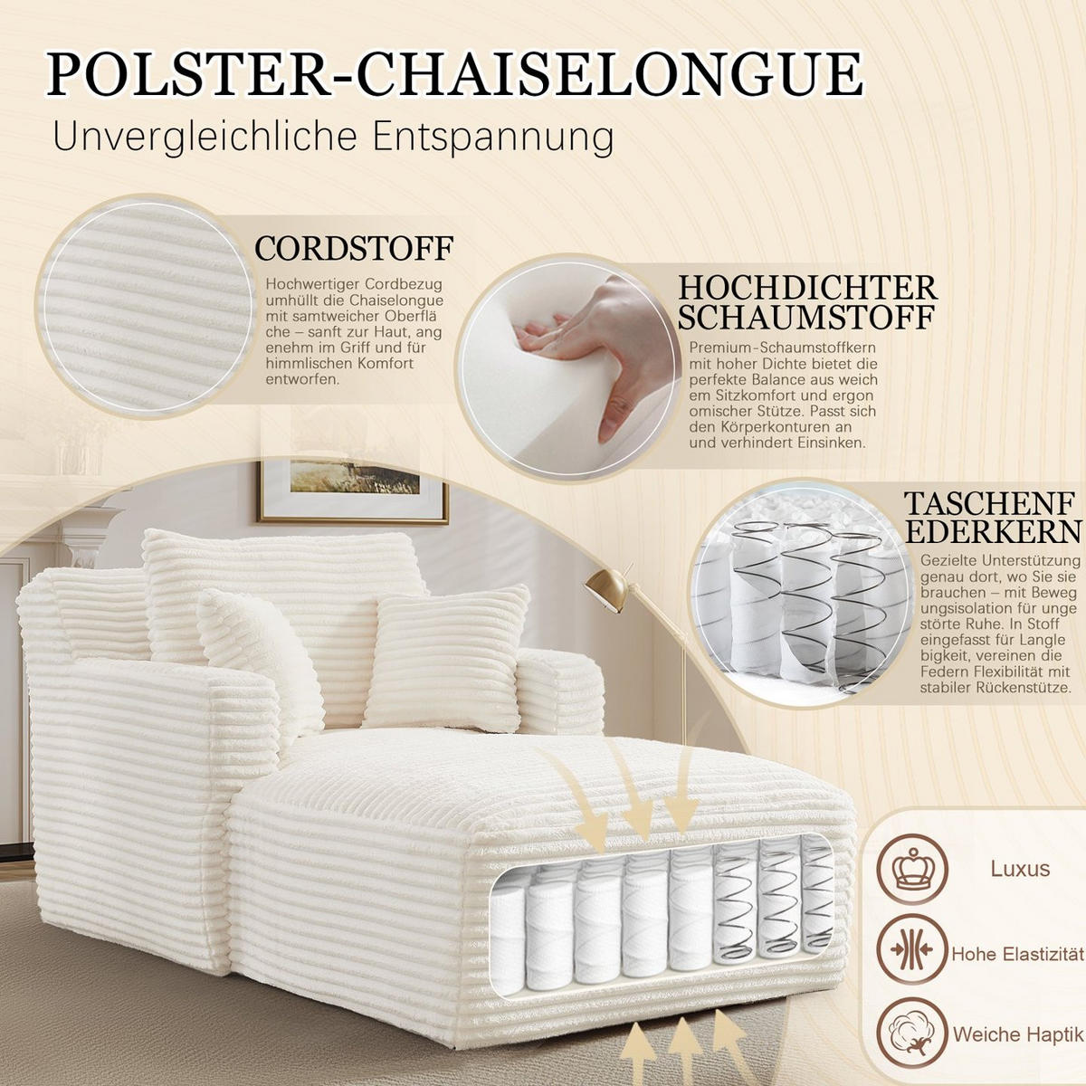 SOFA Cord Creme - Creme, Textil (100/82/166cm) - WISHDOR