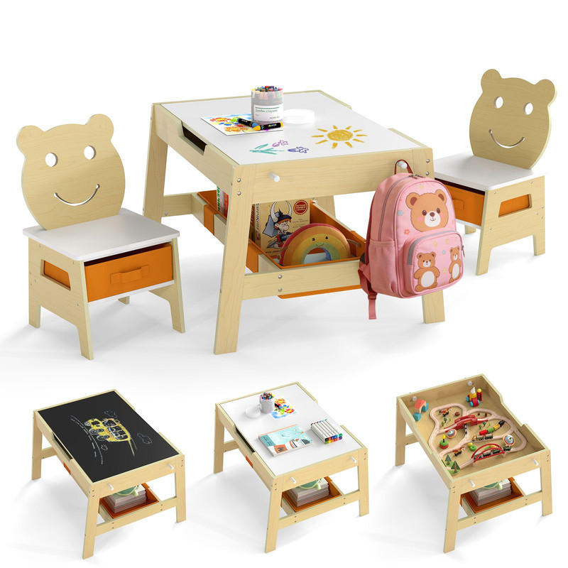 KINDERTISCH mit stuhl natur(3-tlg) - Naturfarben, Holzwerkstoff (70/45/60.5cm) - COSTWAY
