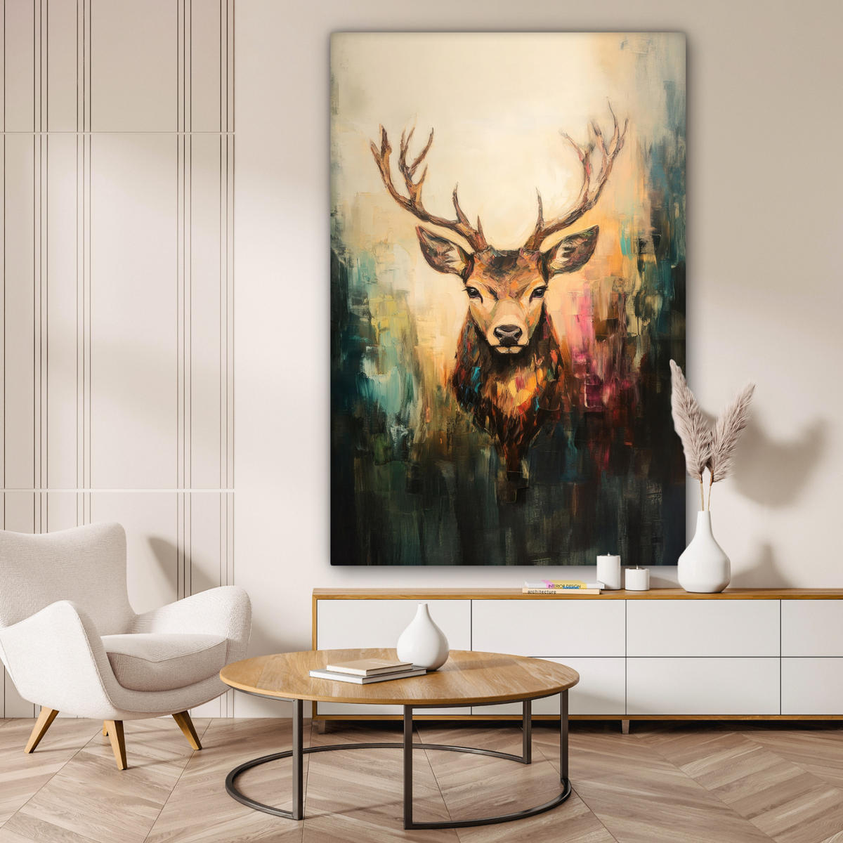 LEINWANDBILD Hirsch - Gemalt - Geweih - Braun 90x140 cm - Haselnussfarben, Textil (90/140cm) - MuchoWow