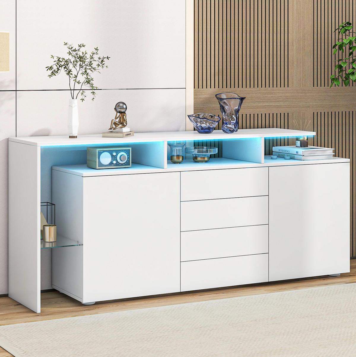 SIDEBOARD mit LED 160 cm Weiß Hochglanz - Weiß, Holzwerkstoff (160/70/35cm) - Meubliv