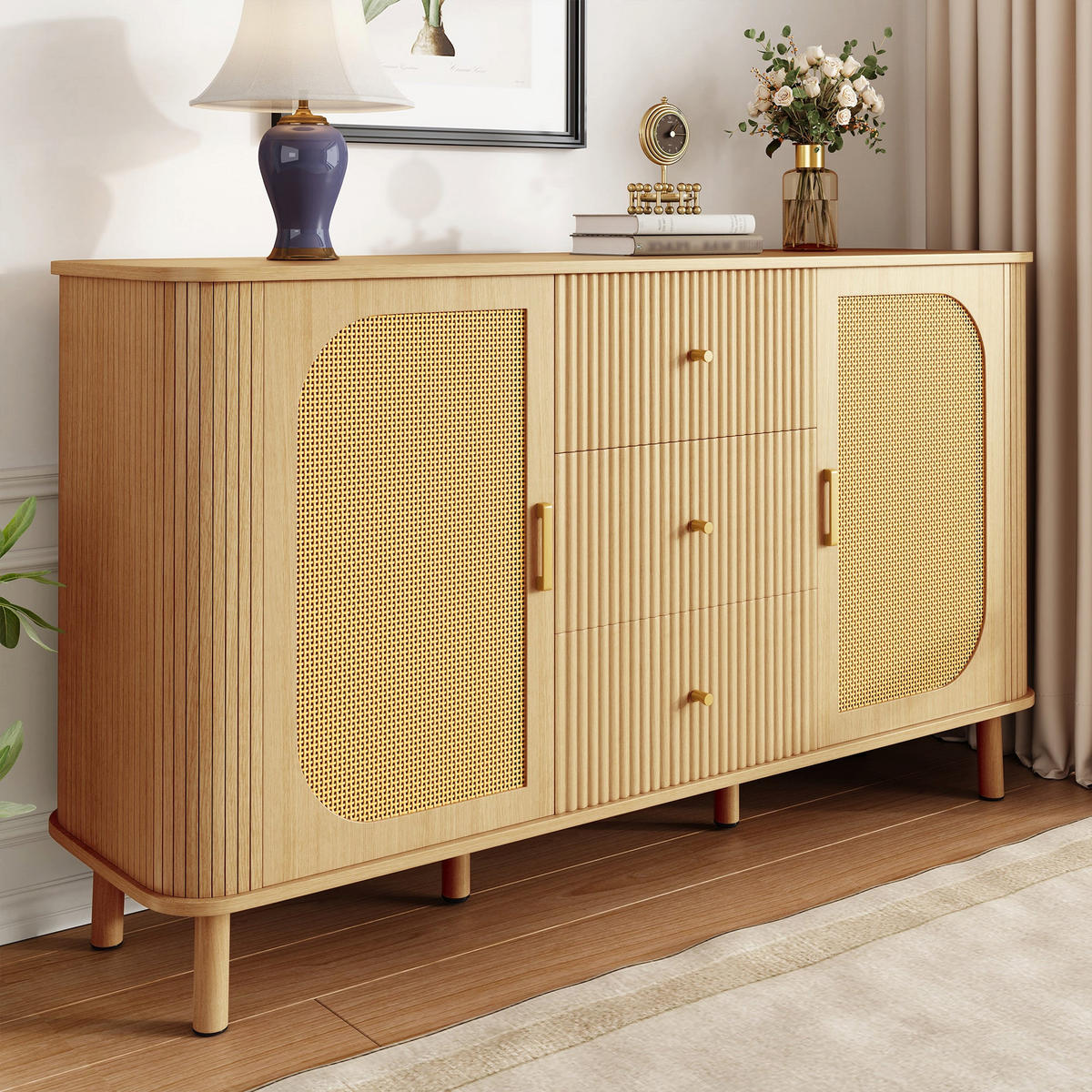 BUFFET in Naturholz- und Rattanoptik, Beige - Naturfarben, Holzwerkstoff (40/80/140cm) - Urban Meuble