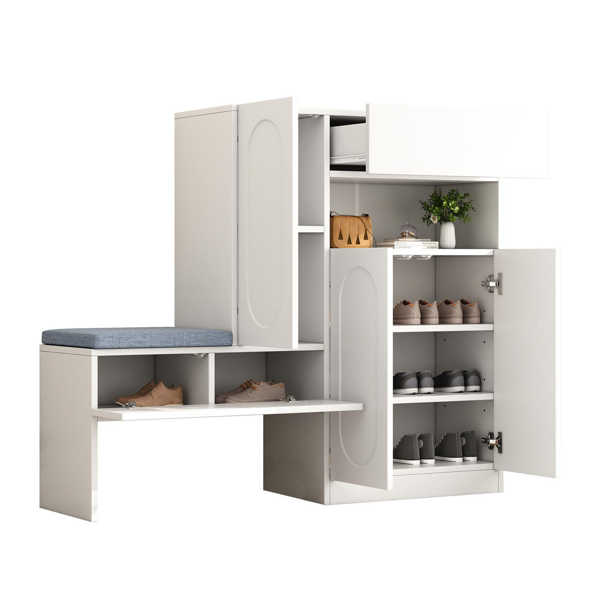 SCHUHSCHRANK 130/35/110 cm weiß aus Spanplatte mit Sitzbank - Weiß, Holzwerkstoff (130/110/35cm) - OKWISH