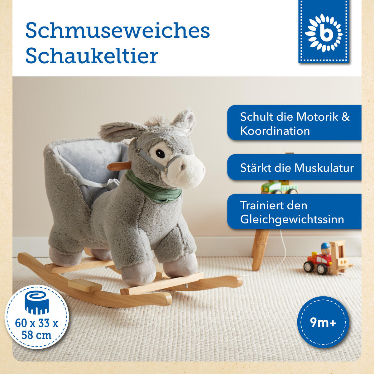 SCHAUKELTIER Plüsch Esel Schaukelpferd - Grau, Textil (69/48/29cm) - Bieco Spielwaren