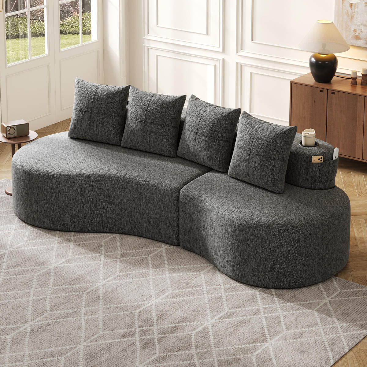ECKSOFA 240/109/63 cm Dunkelgrau mit Aufbewahrungstaschen und Becherhalter - Dunkelgrau, Textil (240/109cm) - Oxeza