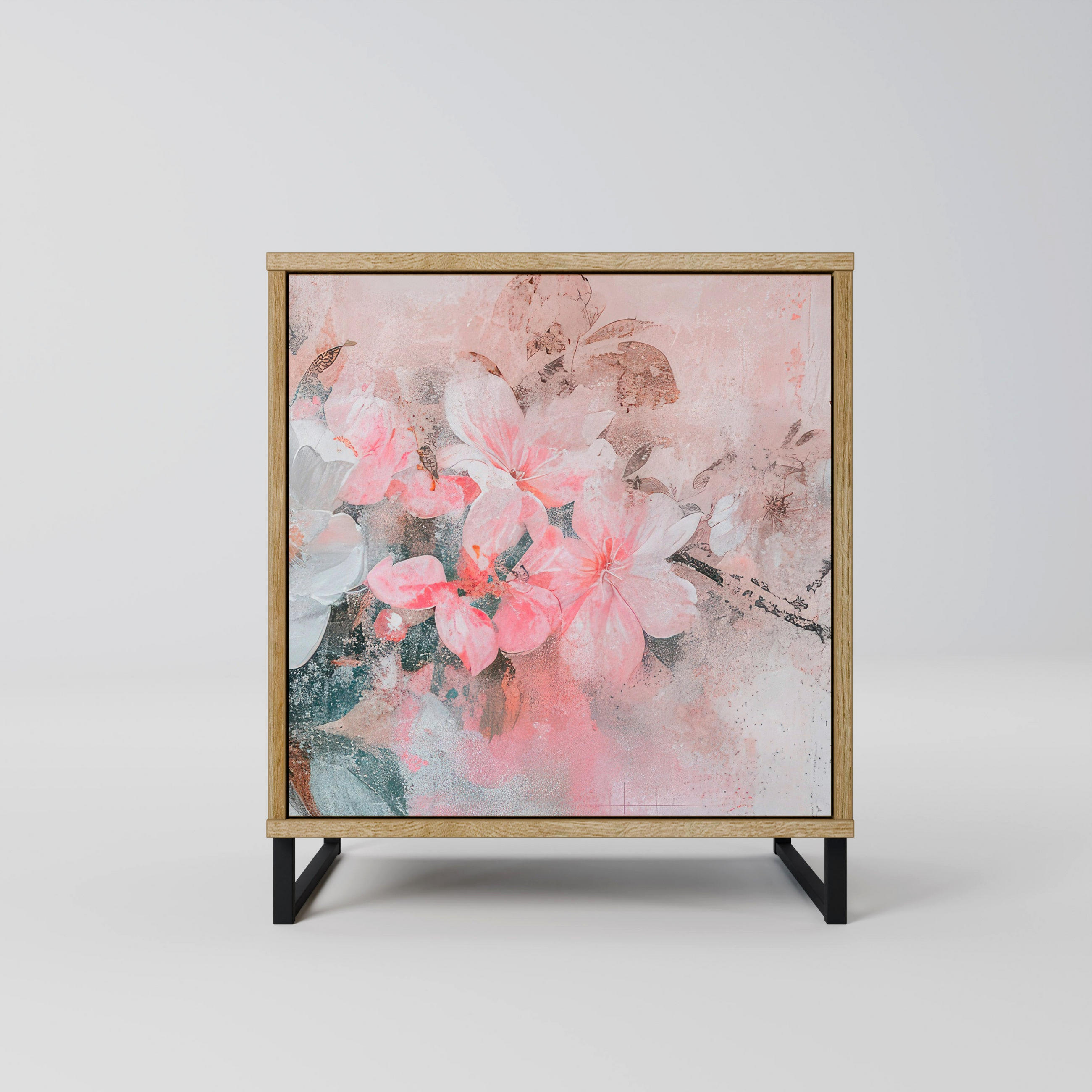 SIDEBOARD CHERRY BLOSSOM, Eichefarben, 57,5x42x67,5 cm, Schwarze Metall-Rahmenfüße - Eichefarben/Multicolor, Holzwerkstoff/Metall (57.5/67.5/42cm) - SpaceRebels