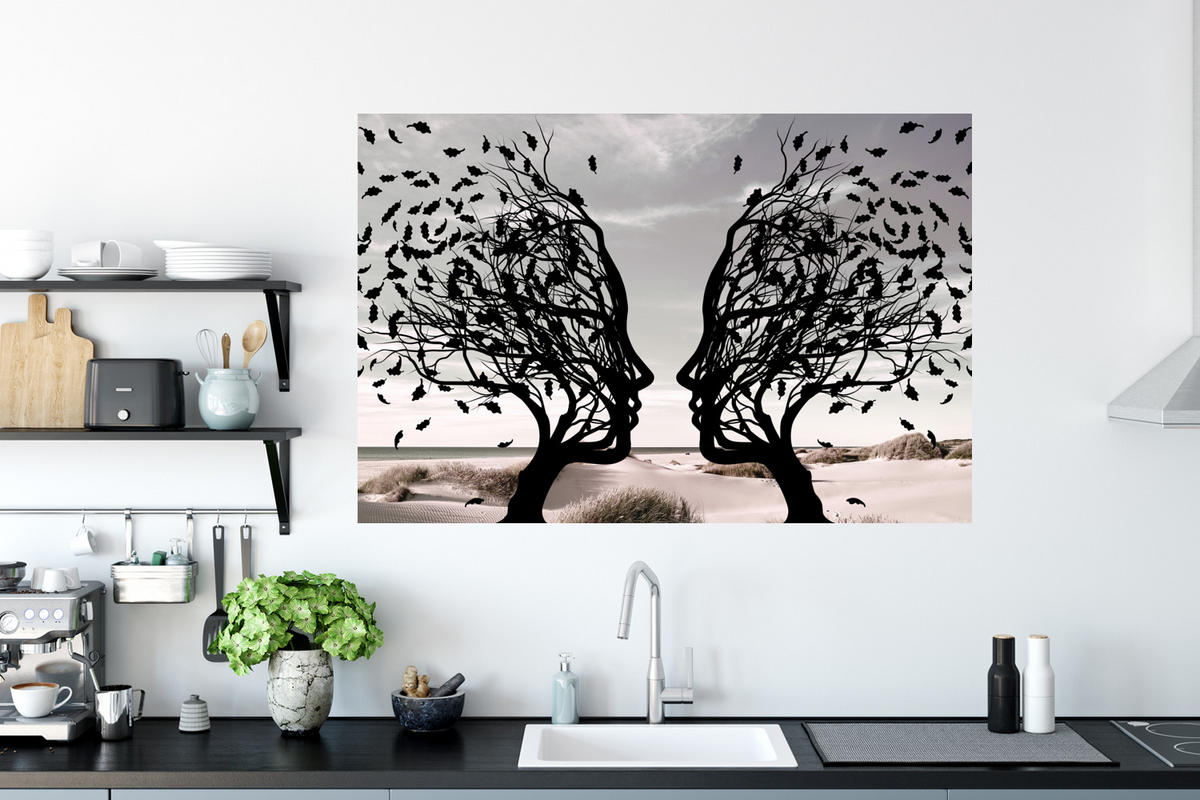 WANDTATTOO Strand - Meer - Menschen - Baum - Moderne Kunst 120x80 cm - Hellgrau, Kunststoff (120/80/0.1cm) - MuchoWow