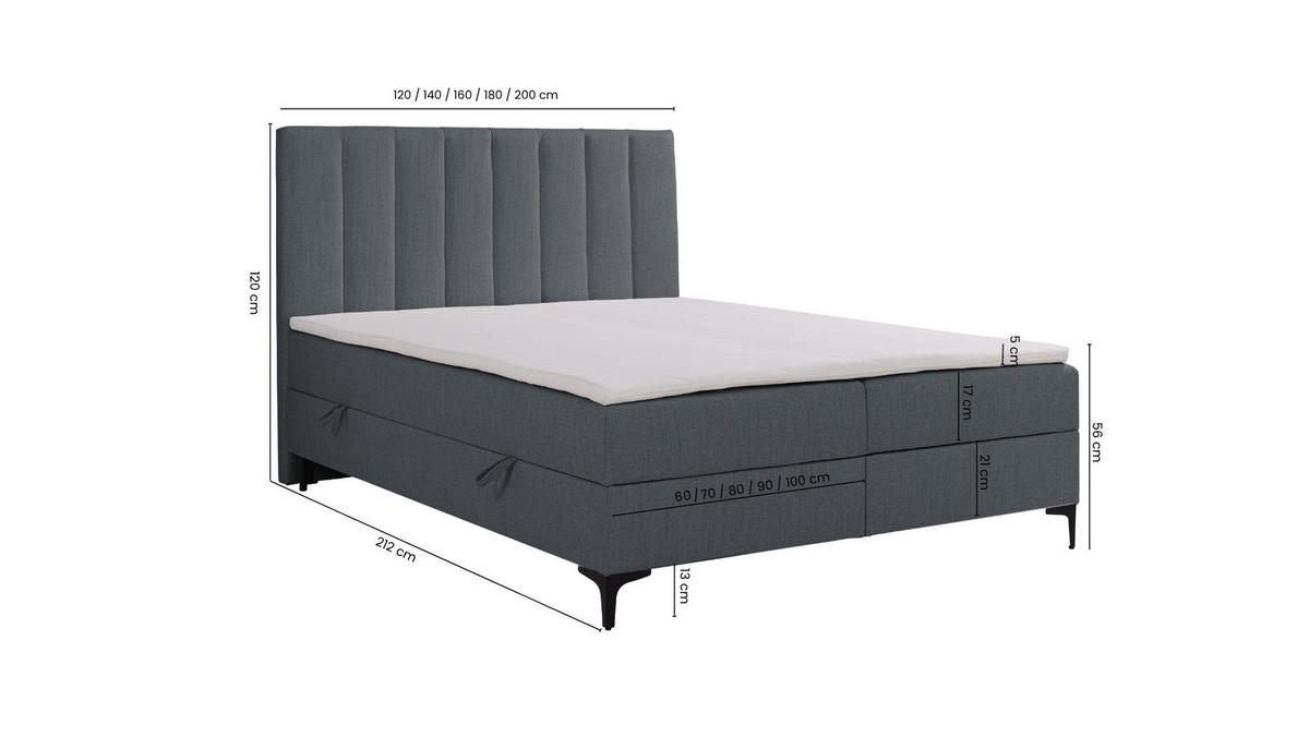 BOXSPRINGBETT LASARD mit Topper und Bettkasten, Grau, 140x200 cm - Grau, Textil (140/200cm) - KS Home Concept