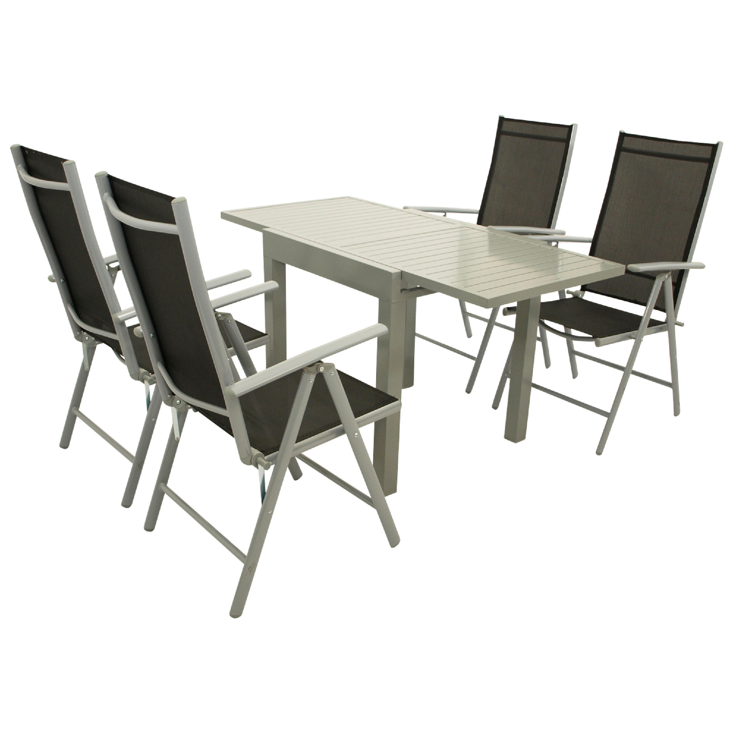 GARTEN-GARNITUR Sunderland - 5-teilige Garten-Essgruppe (4x Klappsessel mit Aluminiumgestell grau, Bespannung Textilene schwarz - Schwarz, Metall - TPFGarden