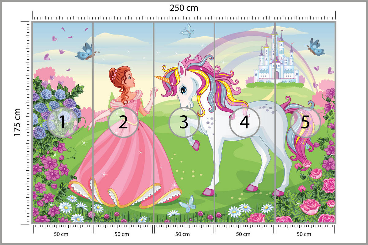 FOTOTAPETE für Kinderzimmer Prinzessin Einhorn Schloss Blumen 250x175 - Blau/Gelb, Papier (250/175cm) - Muralo