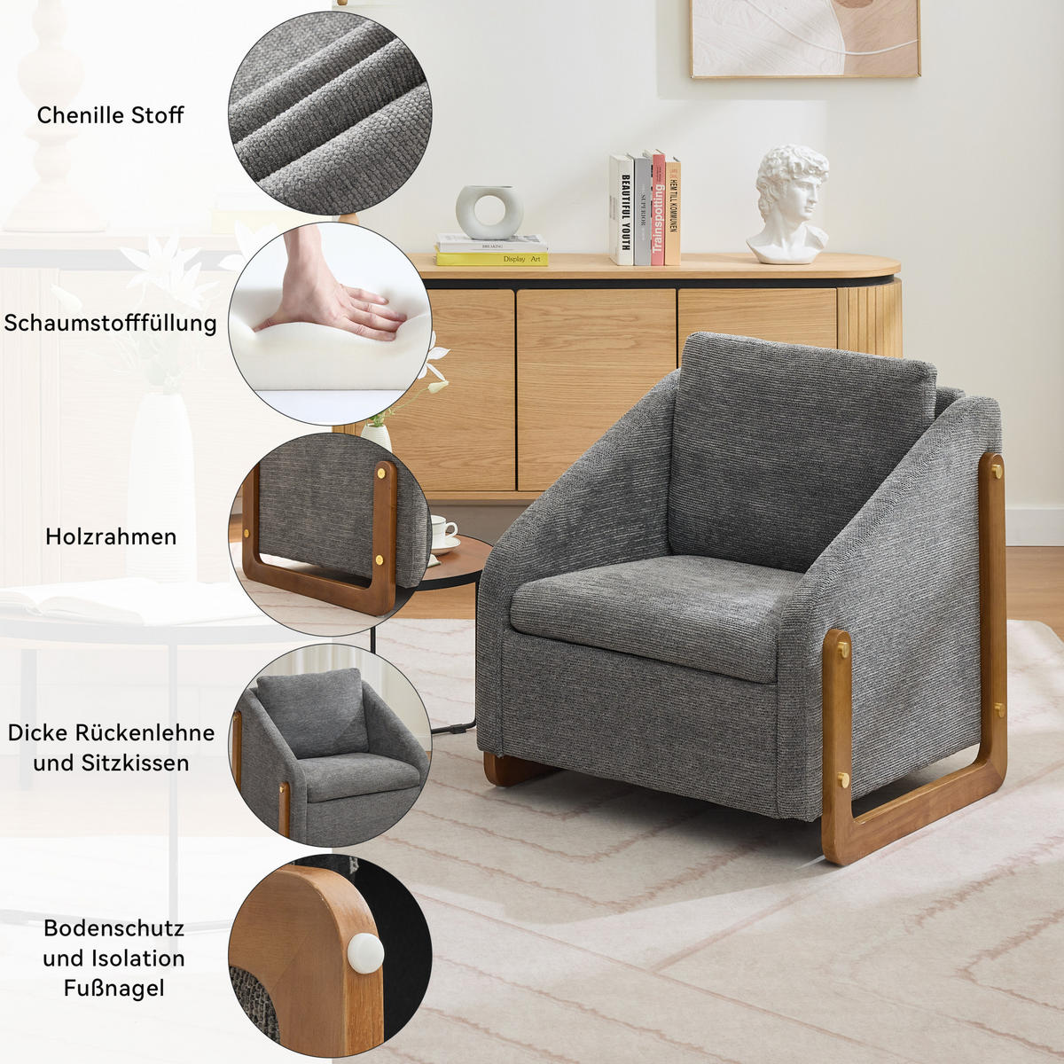 SESSEL mit Chenillebezug und Holzarmlehnen 73.5/73.5/73.5 cm Grau - Grau, Textil (73.5/73.5/73.5cm) - Redom