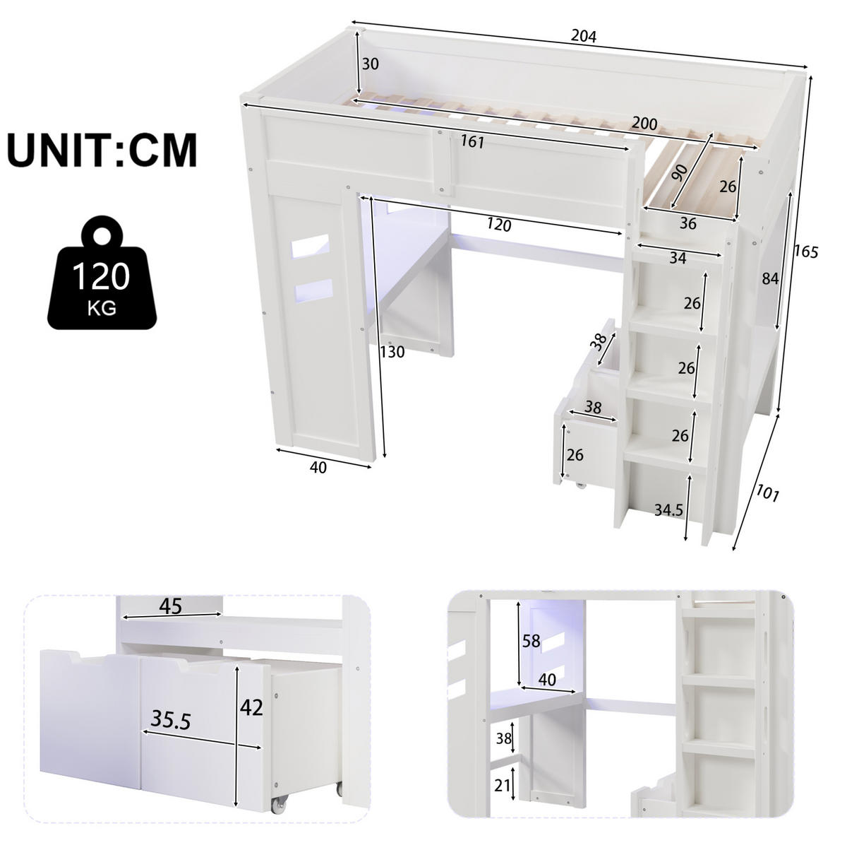 HOCHBETT 90/200 cm Weiß mit Schreibtisch, LED und Stauraum - Weiß, Holz (90/200cm) - MIVRAY