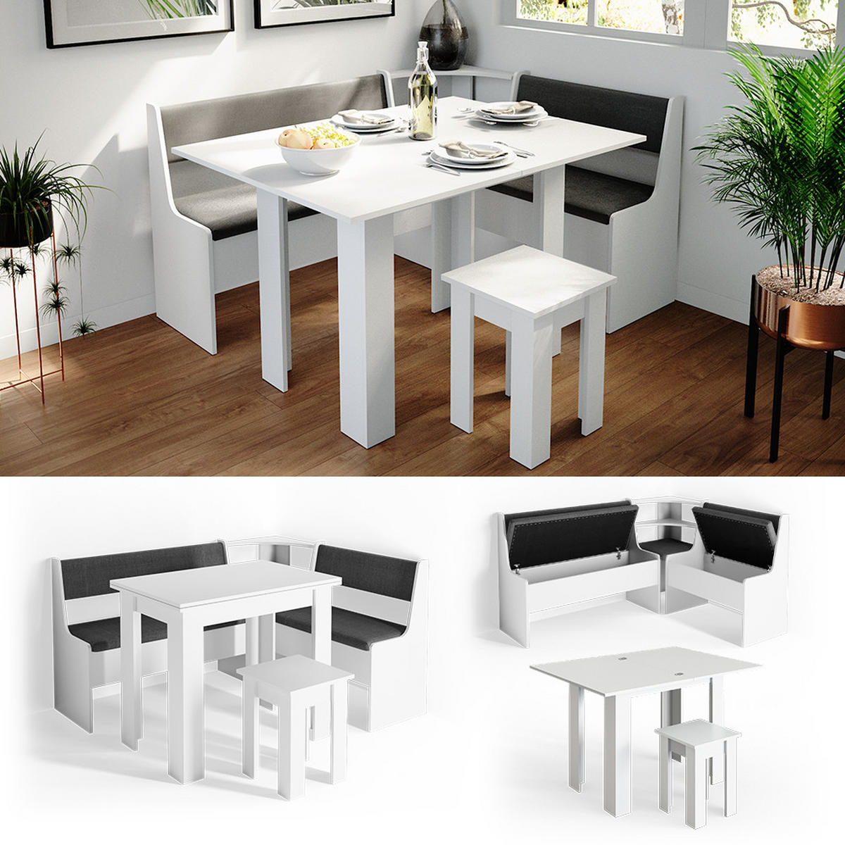 ECKBANKGRUPPE Roman Weiß 150 x 41.5 cm mit Tisch - Anthrazit/Weiß, Holzwerkstoff (150/80/120cm) - Vicco