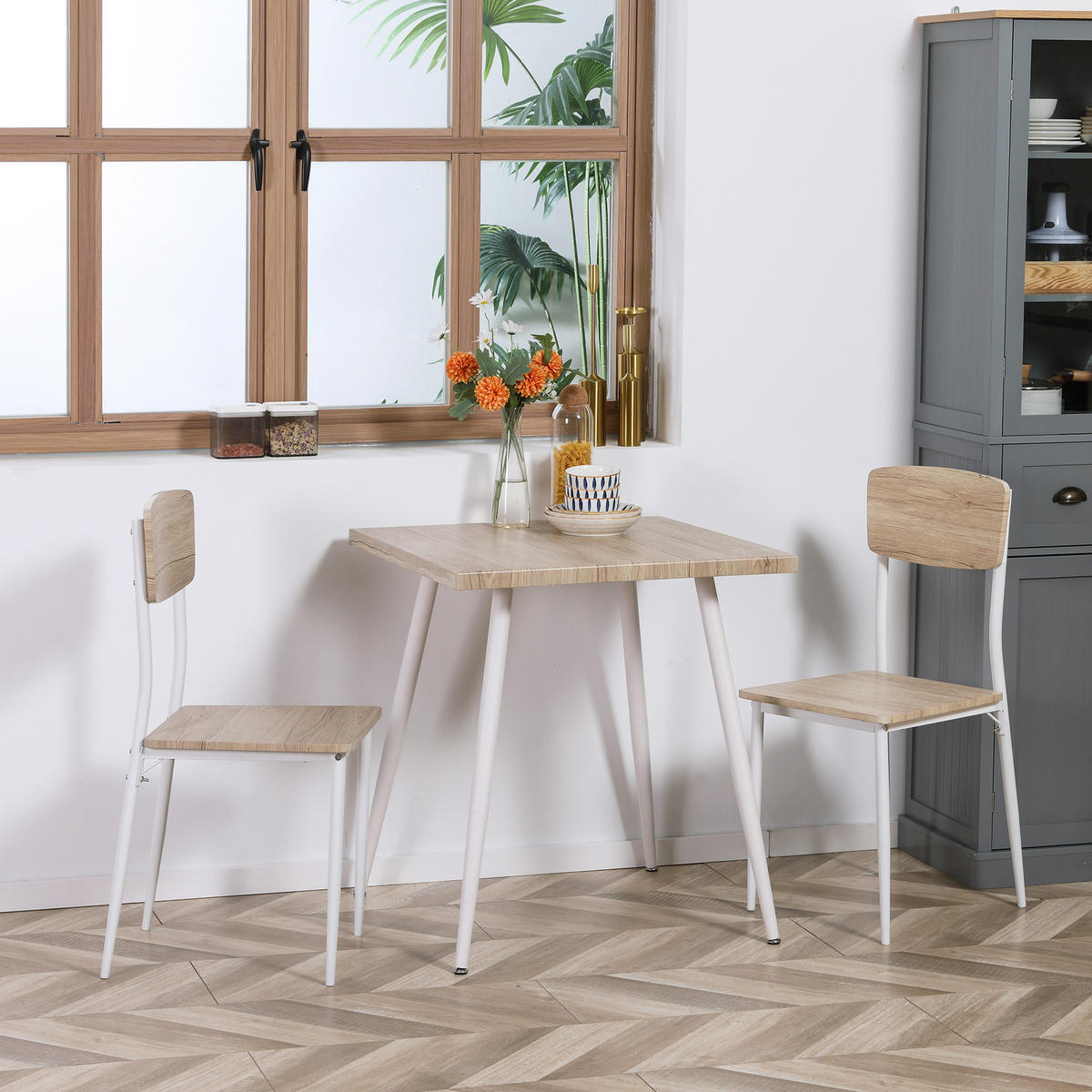 3-TEILIGES quadratisches Esszimmer-Set mit Tisch und 2 Stühlen, Küche/Esszimmer, Tischplatte aus MDF, weißes Metallgestell - Naturfarben, Kunststoff (70/76/70cm)