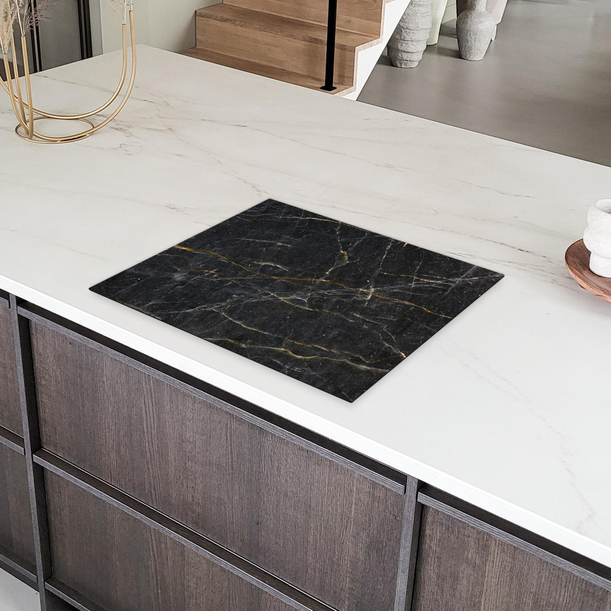 HERDABDECKPLATTE Marmor - Schwarz - Gold - Grau - Marmorstruktur 65x52 cm - Goldfarben, Kunststoff (65/0.2/52cm) - MuchoWow