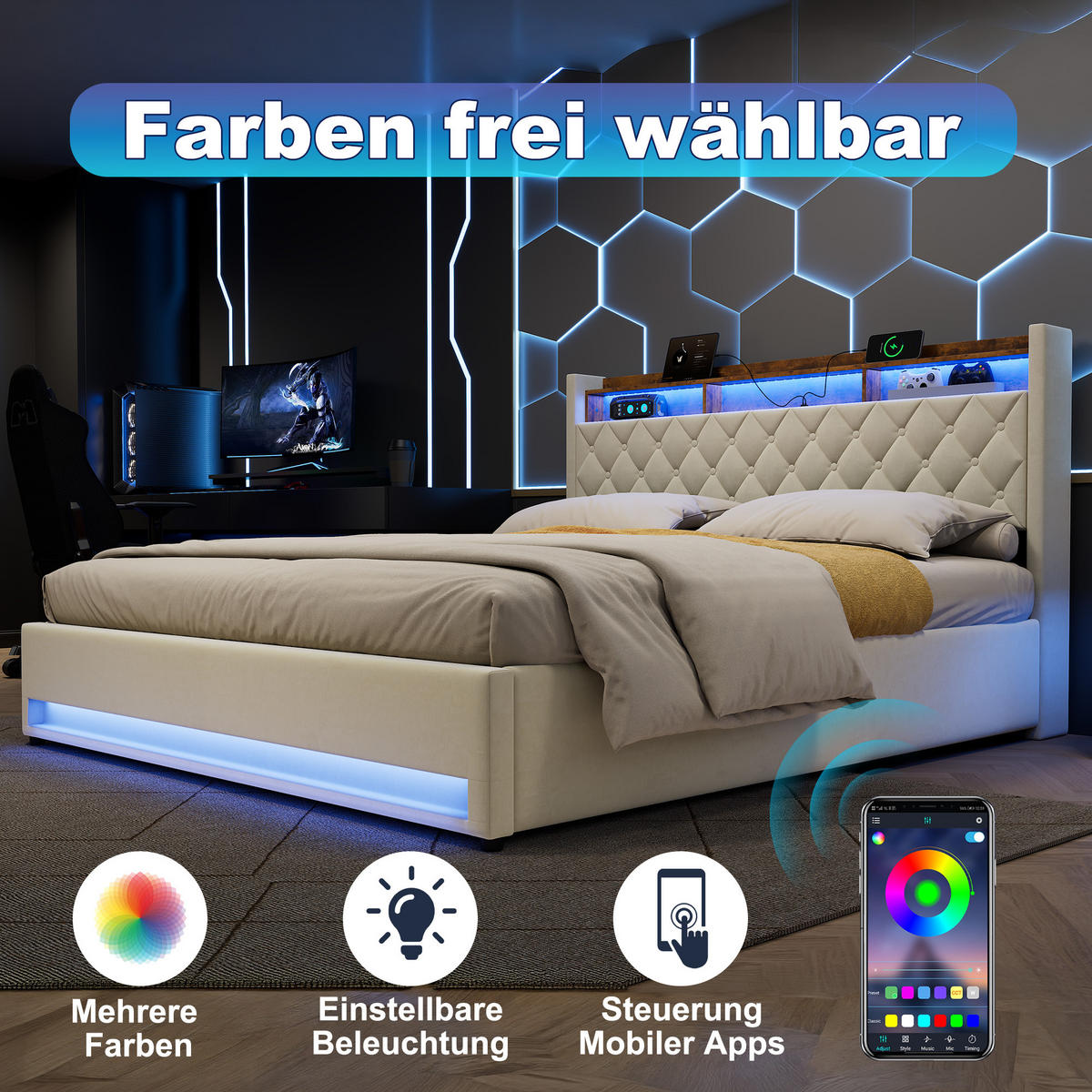 POLSTERBETT 180/200 cm in Beige Samt mit Bettkasten, LED-Beleuchtung und USB-Anschluss - Beige, Holzwerkstoff/Textil (180/200cm) - CHICFURN