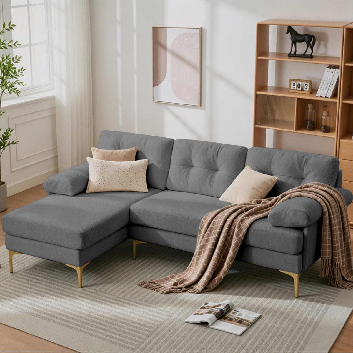 L-FÖRMIGES ECKSOFA Grau 187,5/130/79 cm 3-Sitzer mit Chenillebezug - Grau, Holz (187.5/130cm) - PANGIVO